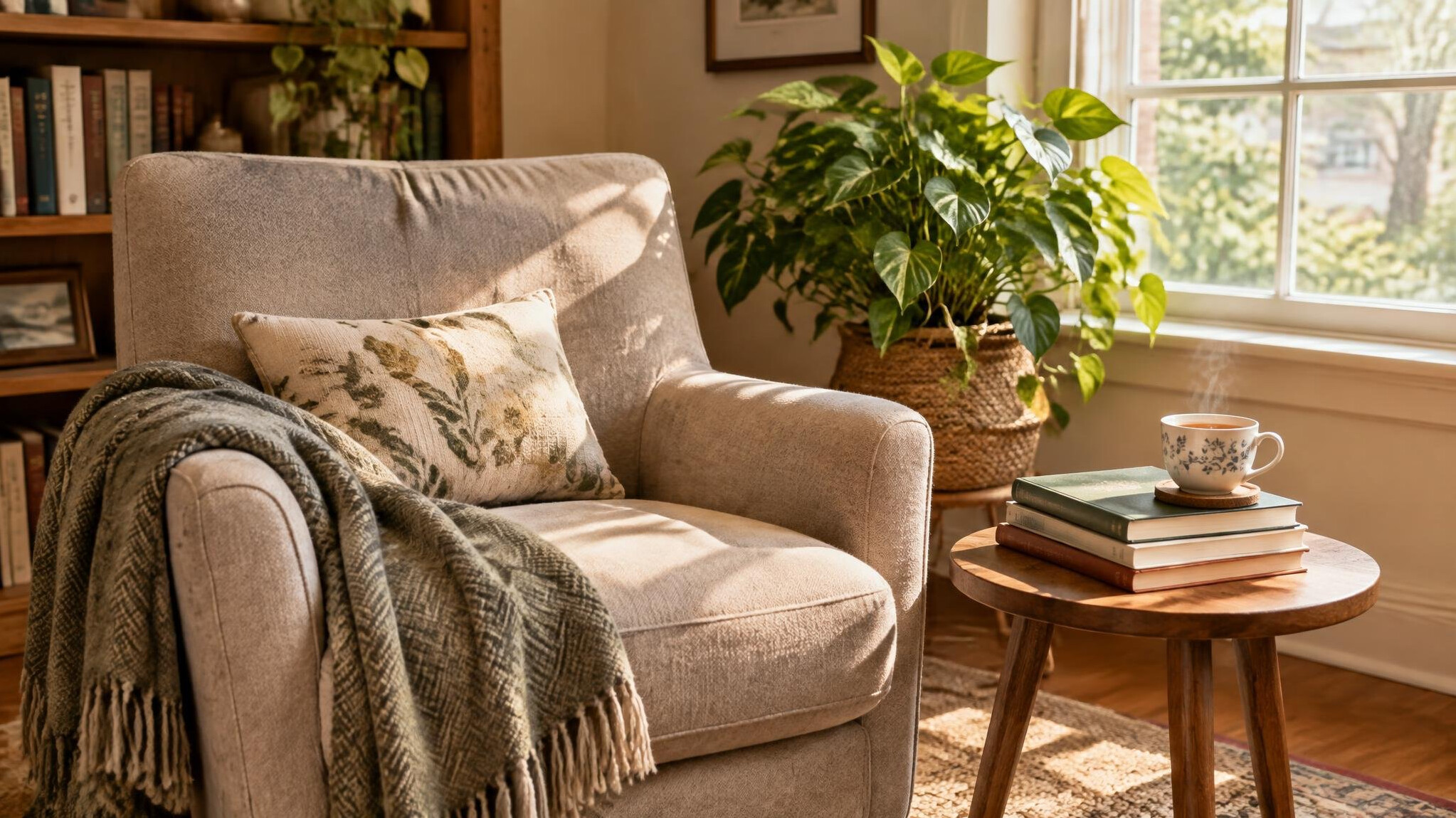 Cozy reading corner with an armchair, plant, and stack of books