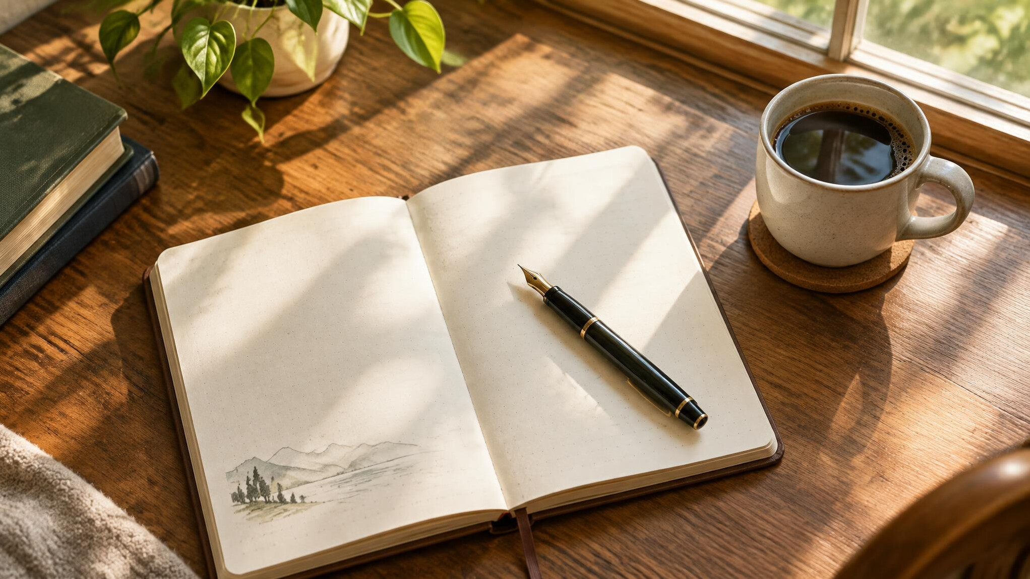 Open journal notebook with pen and warm morning light on a wooden desk