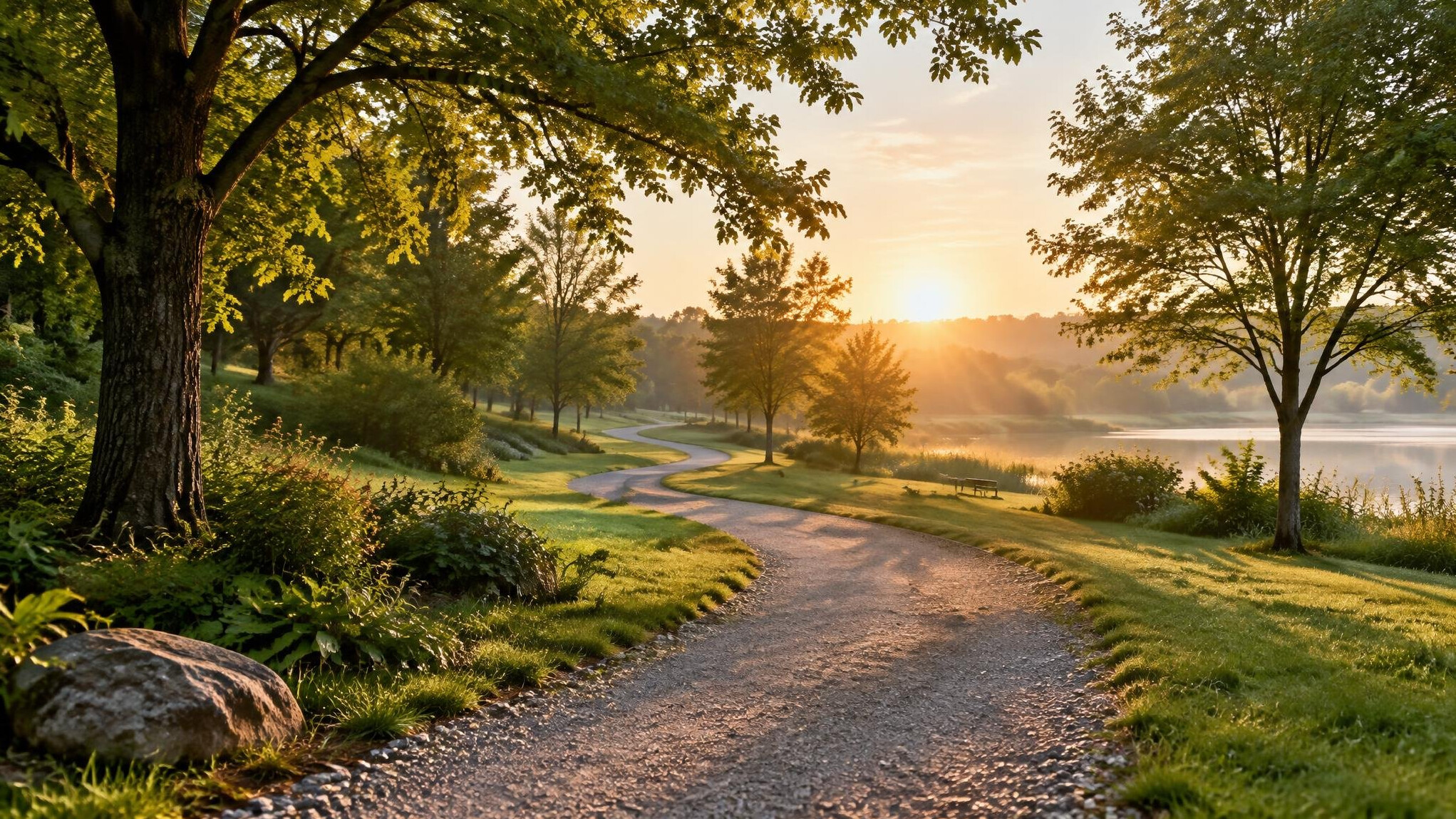 Winding pathway through a calm green park at sunrise