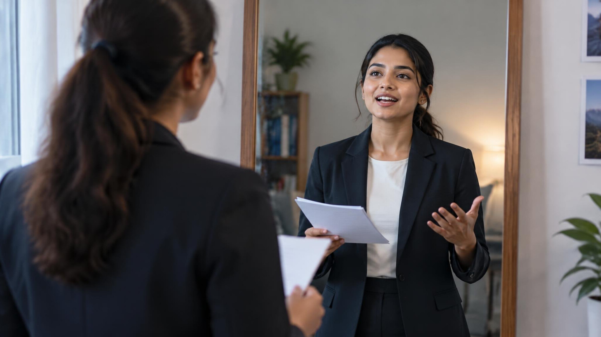 person practicing speech in mirror
