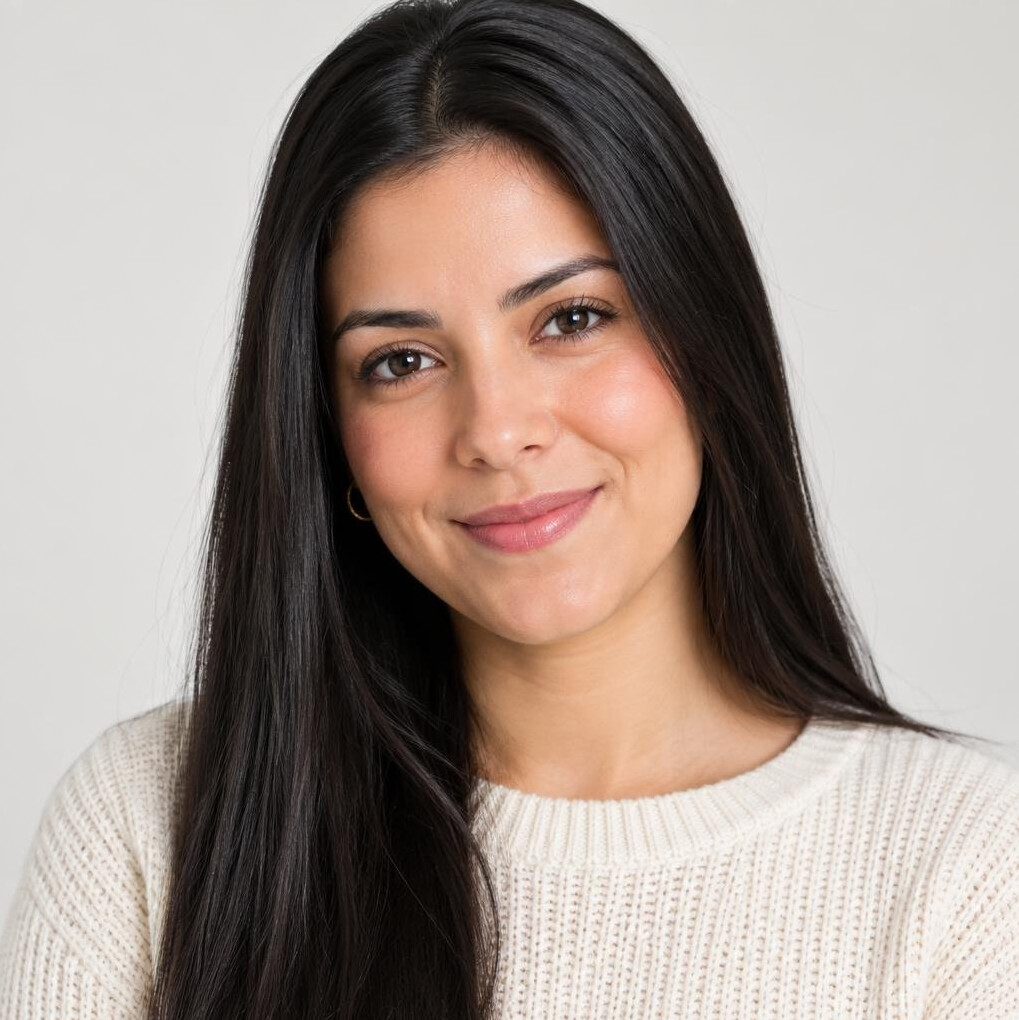 Studio portrait of a young Brazilian woman with straight hair