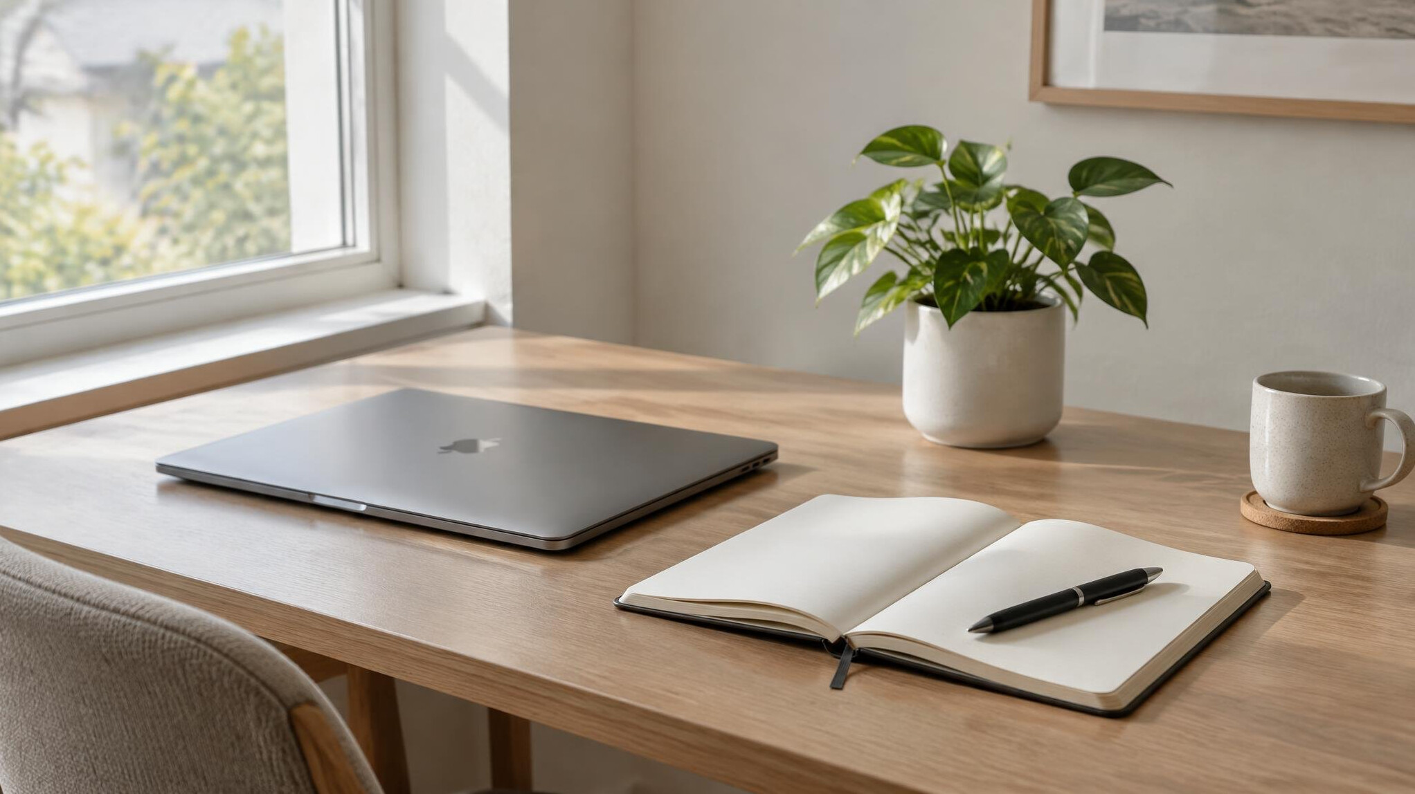 Minimalist home desk with a laptop, notebook, and small plant