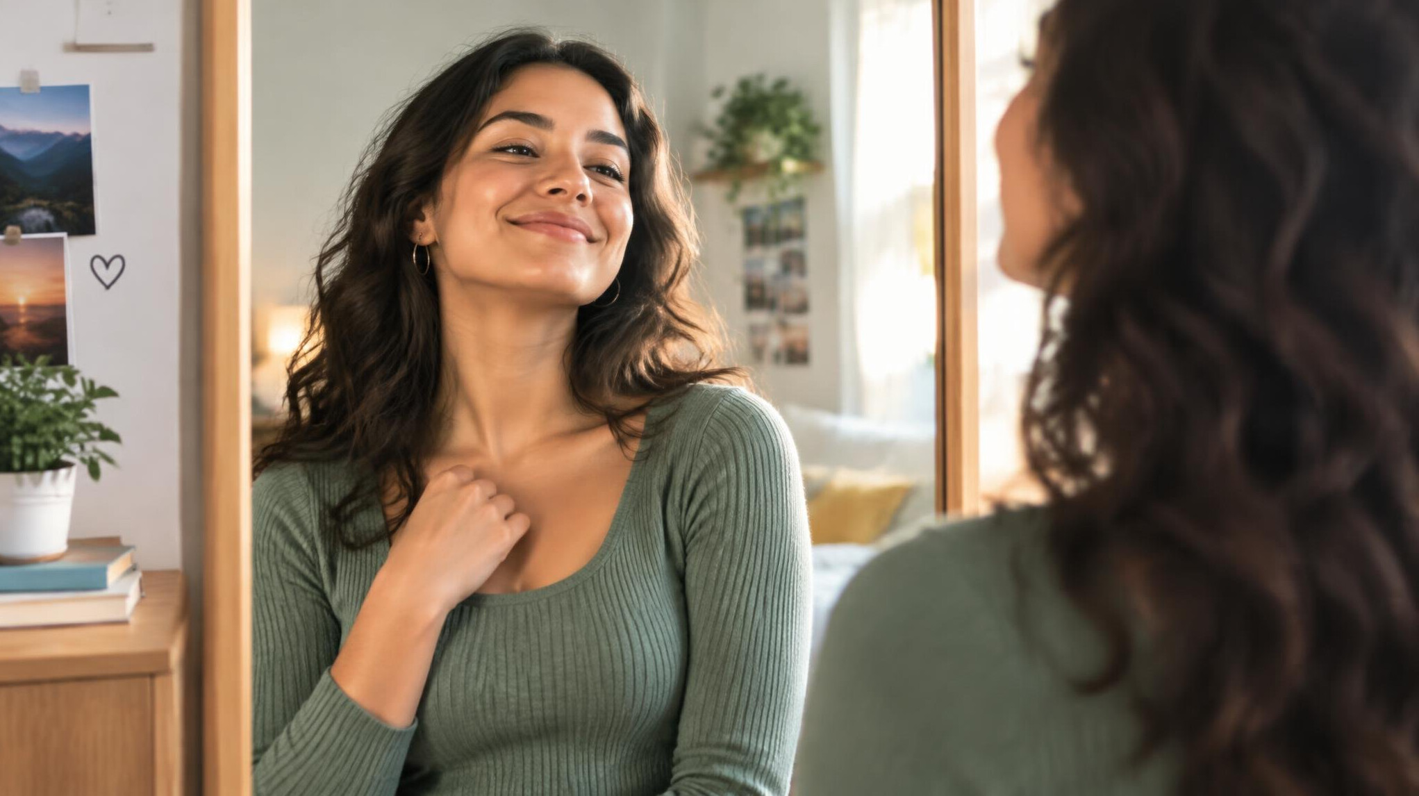 confident person looking in mirror
