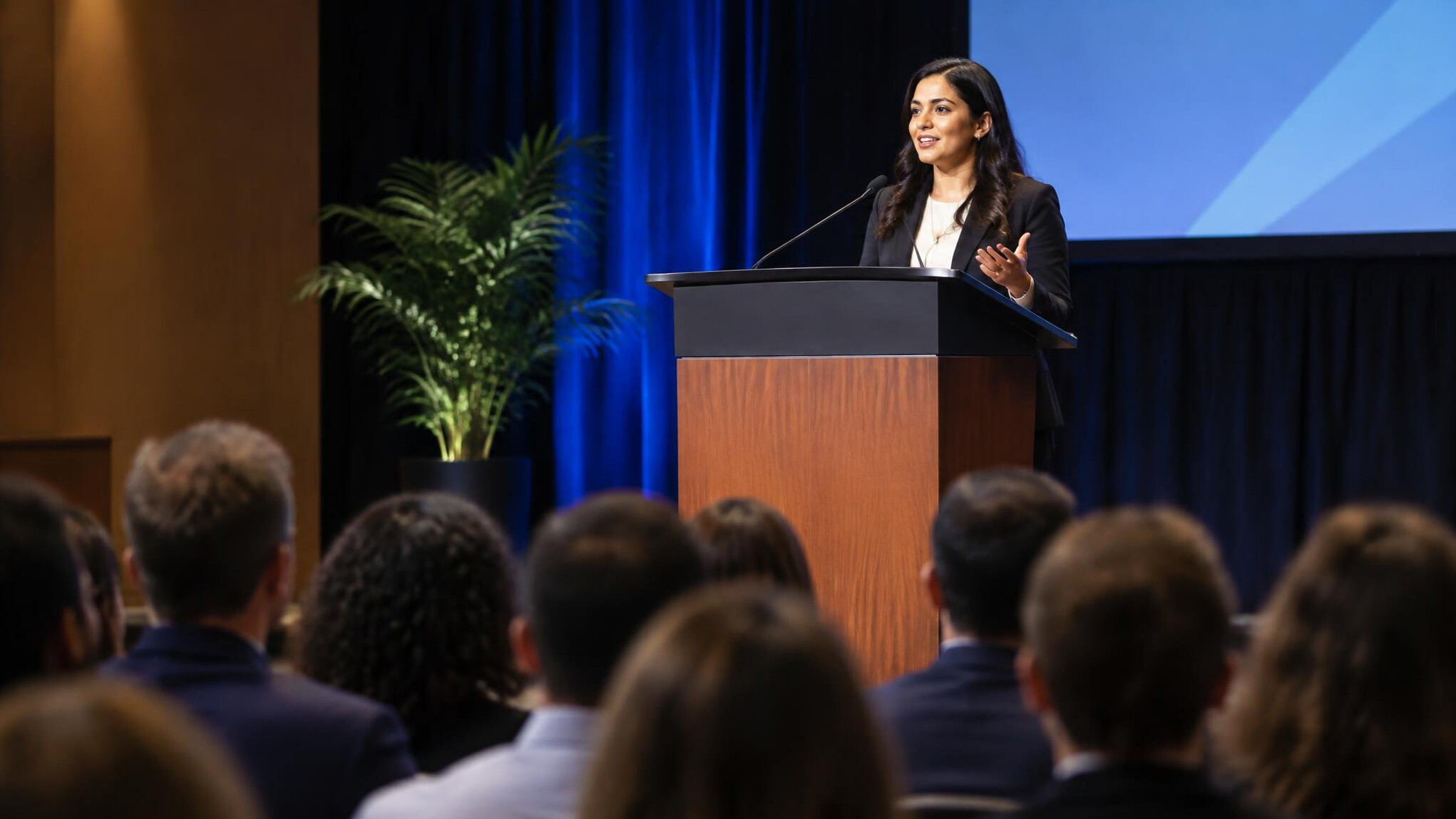person giving speech on stage